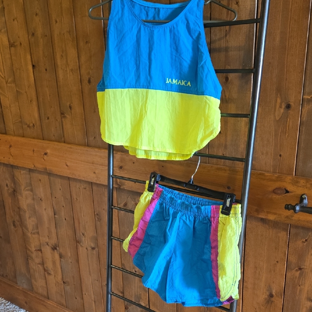 Vintage 80s Jamaica Blue and Yellow Crop Tank Top and Shorts Set